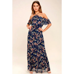 Lulus Maxi Dress Small Blue Tropical Floral Off Shoulder Halter Trip to Paradise